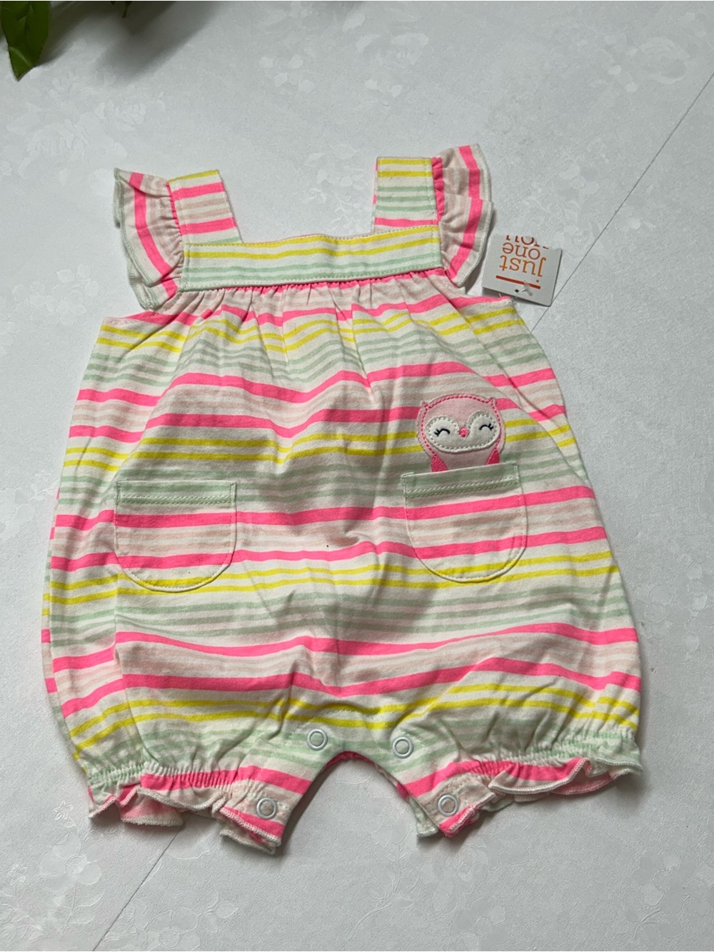 Carter's Pink, Yellow & Green Striped Baby Romper with Owl Applique
